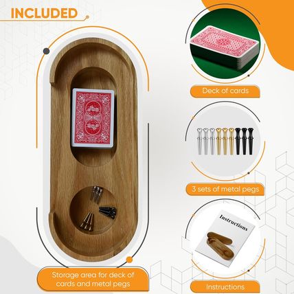 Premium Oak Cribbage Board Game Set -Unique Includes Playing Cards, Metal Pegs,