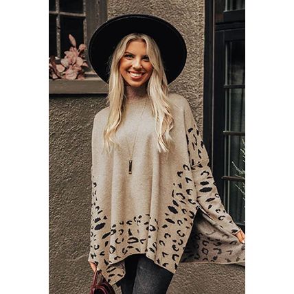 Khaki Leopard High Neck Side Slit Oversized Sweater