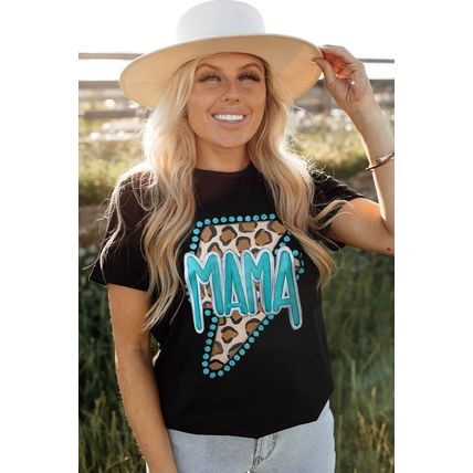 Black Western Fashion MAMA Leopard Lightening Graphic Tee