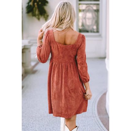 Brown Suede Square Neck Puff Sleeve Dress