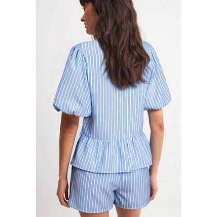 Sky Blue Striped Bowknot Detail Puffy Sleeve Top and Shorts 2Pcs Set