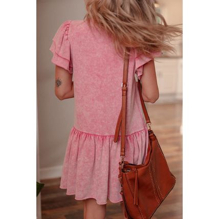 Sachet Pink Mineral Wash Raw Edge Ruffle Mini Dress