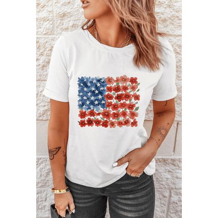 White Star Floral American Flag Printed T Shirt