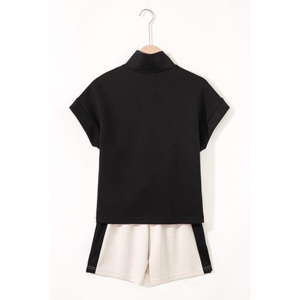 Black Contrast Zipped Stand Collared T Shirt and Short Set