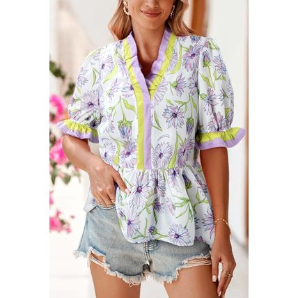 Purple Floral Print Striped Detail Split Neck Flounce Short Sleeve Peplum Blouse