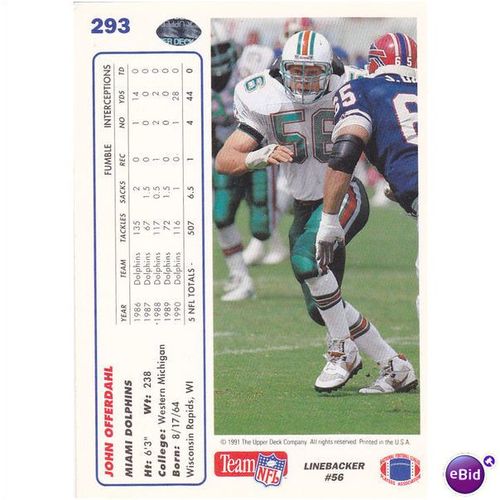 1991 Upper Deck No. 293 John Offerdahl Miami Dolphins