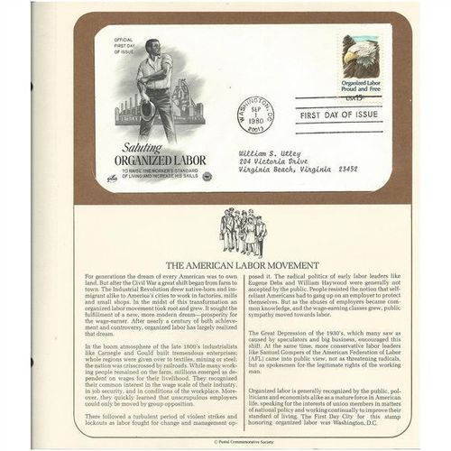 THE AMERICAN LABOR MOVEMENT ' OFFICIAL FIRST DAY of ISSUE ' (1980)