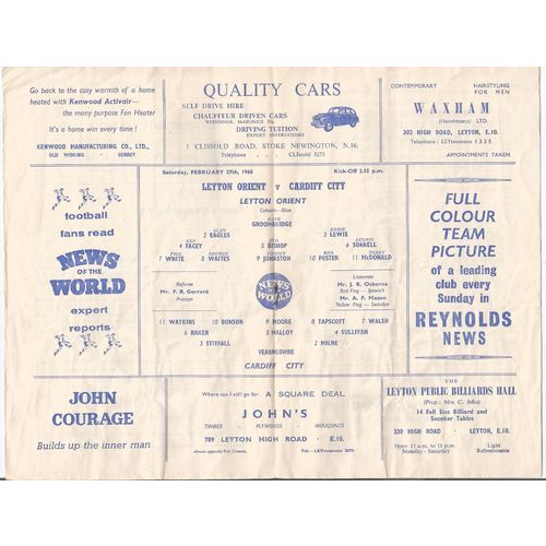 MATCH PROGRAMME 1959-60 LEYTON ORIENT v CARDIFF CITY (Fair - No Writing)