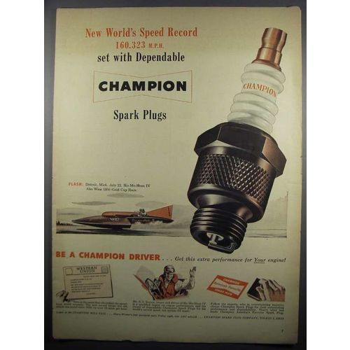 1950 Champion Spark Plugs Ad - Slo-Mo-Shun IV Boat