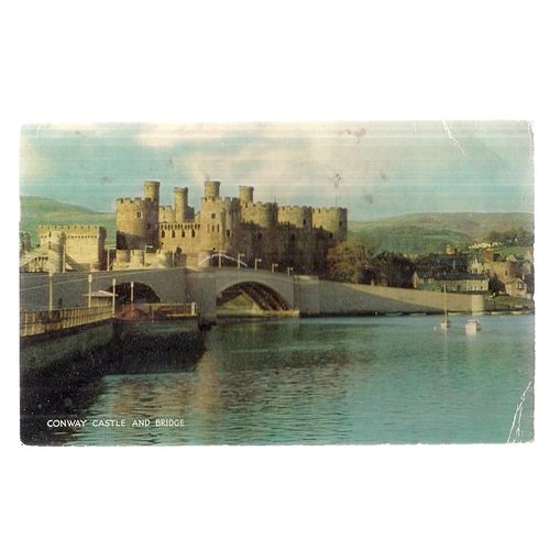 CONWAY CASTLE AND BRIDGE, used vintage postcard 1967 postmark J Salmon =