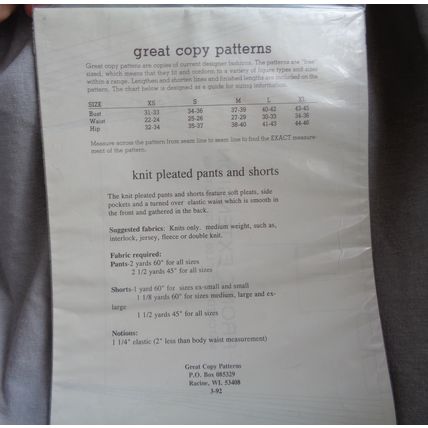 Great Copy Patterns 630 Knit Pleated Pants Shorts XS S M L XL Sewing