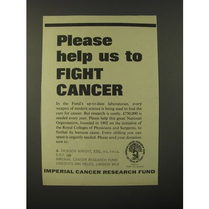 1964 Imperial Cancer Research Fund Ad - Please help us to fight cancer