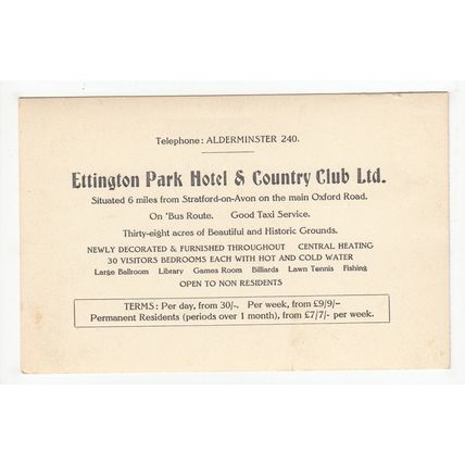 Ettington Park Hotel & Country Club Warwickshire Postcard Sized Advertising Card