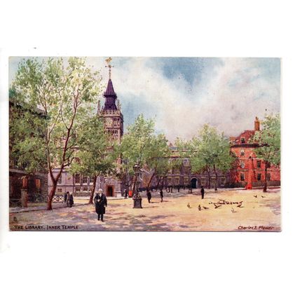ARTIST DRAWN POSTCARD OF THE LIBRARY INNER TEMPLE LONDON BY CHARLES FLOWER(3638)