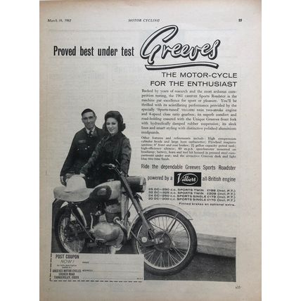 GREEVES SPORTS ROADSTER 1961 VINTAGE MOTORCYCLE ADVERT