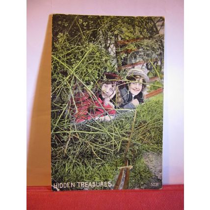HIDDEN TREASURES, children hiding . used antique postcard 1907 pm =
