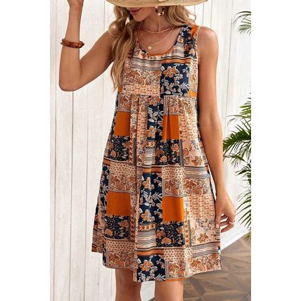 Orange Retro Floral Patchwork Print Sleeveless Mini Dress