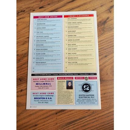 1991 FA Cup 5th Round Programme & Ticket – West Ham vs Crewe Alexandra