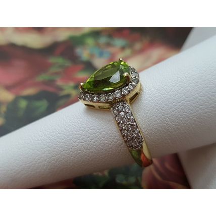 2.5ct Hebei Peridot Zircon Pear Halo Ring Size O 14k Gold Over 925 Solid Silver