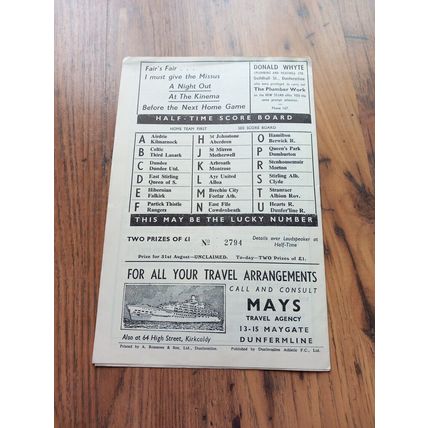 1963/64 Dunfermline Athletic vs Hearts, 14/9/1963 Scottish Division 1 *FREE P&P