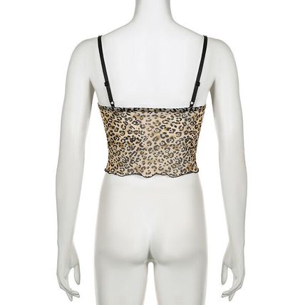 Vintage Leopard Crop Print Top Sexy Contrast Color Bow Lace Patchwork Camis Sexy