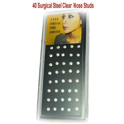 BOX SET 40 SURGICAL STEEL SILVER NOSE STUD CLEAR GEM BODY BAR PIN SMALL BALL END