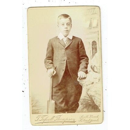 Victorian cdv photo boy holding cricket bat Blackpool photographer