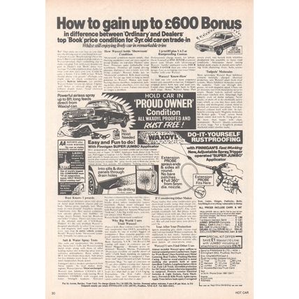 FINNIGANS WAXOYL CAR RUSTPROOFING :- Original Vintage 1981 Magazine Advert