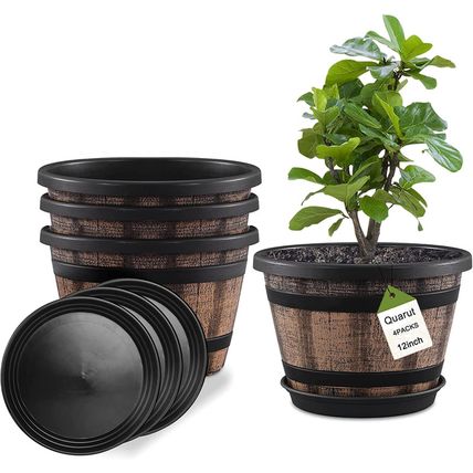 Quarut Plant Pots Set of 4 Pack 12 Inch,Large Whiskey Barrel Planters with Drain
