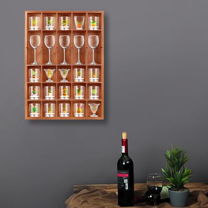 2 Pcs Shot Glass Display Case, Brown Wooden Shot Glass Shelf with Removable Shel