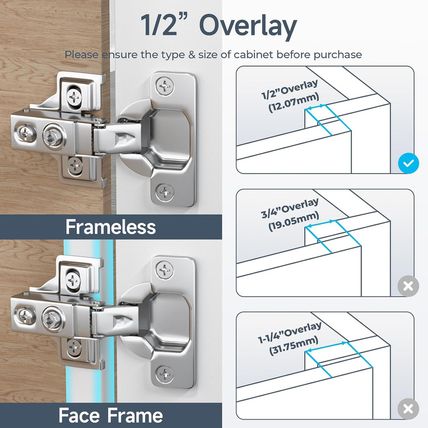 HOSOM 50 Pack 1/2 Inch Overlay Soft Close Cabinet Hinges, Kitchen Cabinet Hinges