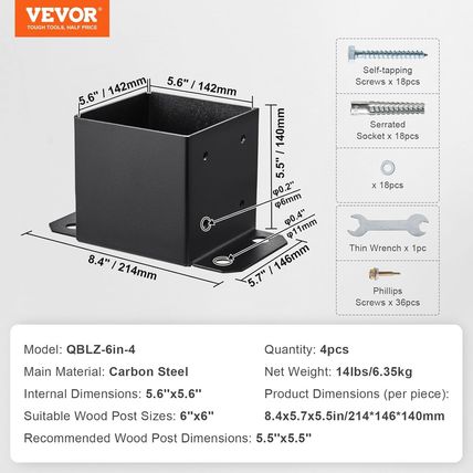 VEVOR 6X6 Post Base 4 Pcs, Inner Size 5.6"X5.6" Post Base Brackets, Heavy Duty P
