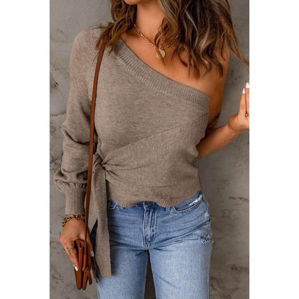 Khaki Tie Knot One Shoulder Knitted Sweater