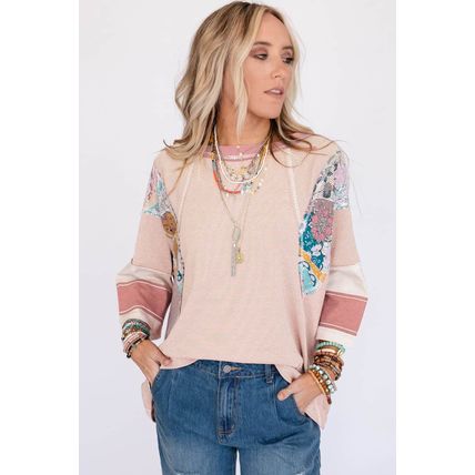 Pink Printed Pinstriped Color Block Patchwork Oversized Top