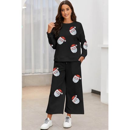 Black Christmas Sequined Santa Clause Print Textured Pants Set