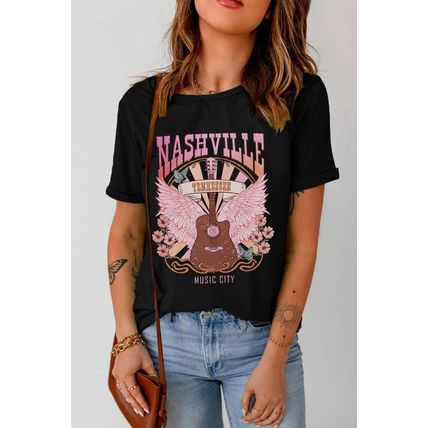 Black NASHVILLE Music City Graphic Print Short Sleeve Top