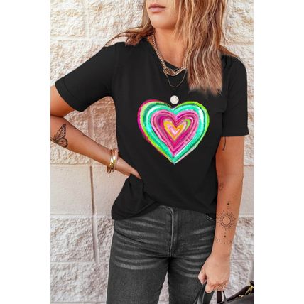 Black Valentine Heart Shaped Print Crew Neck T Shirt