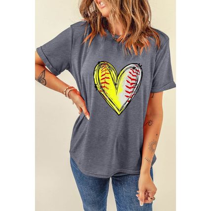 Gray Baseball Heart Shape Print Crew Neck T Shirt
