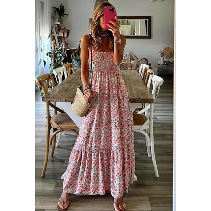 White Boho Floral Smocked Ruffled Maxi Dress