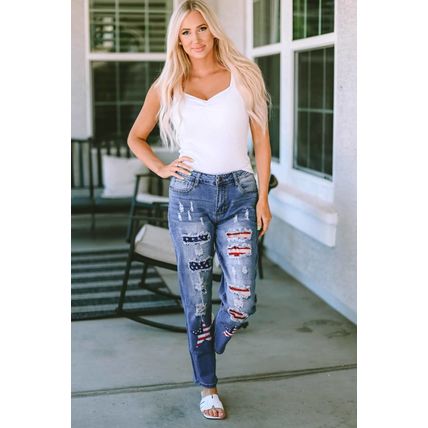 Sky Blue American Flag Patched Distressed Jeans