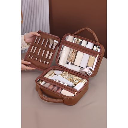 Black Checkered Multiple Compartments PU Leather Cosmetic Bag