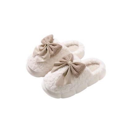 White Contrast Bowknot Applique Plush Winter Slippers