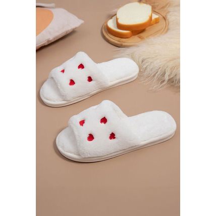White Valentines Heart Embroidered Fuzzy Winter House Slippers