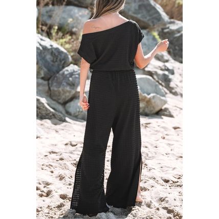Black Checkered Mesh One Shoulder Short Sleeve Knotted Waist Jumpsuit