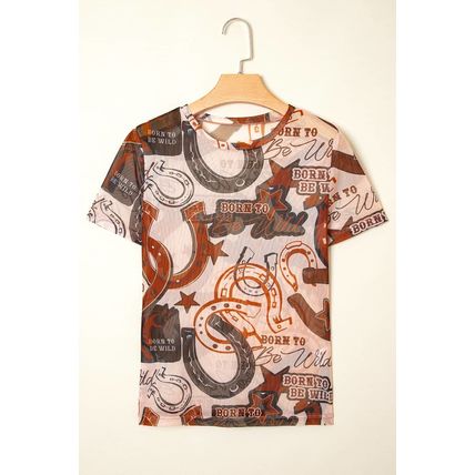 Brown Western Horseshoe Printed Mesh T Shirt