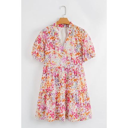 Red Floral Puff Sleeve Notched V Neck Tiered Mini Dress
