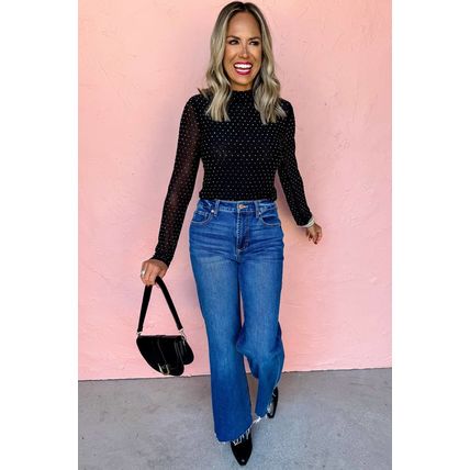 Black Rhinestone Embellished Mesh Long Sleeve Top