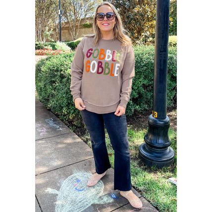 Dark Khaki GOBBLE Letter Graphic Thanksgiving Shift Sweatshirt