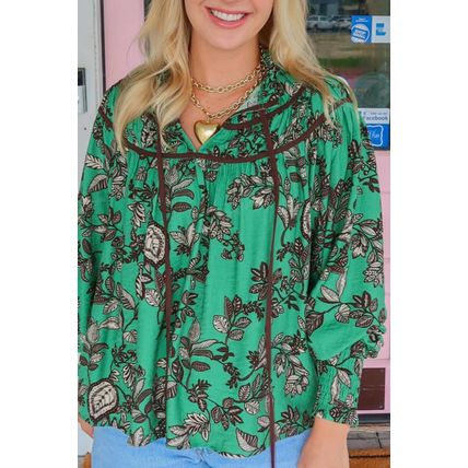 Green Leaves Print Contrast Trim V Neck Shirred Puff Sleeve Blouse