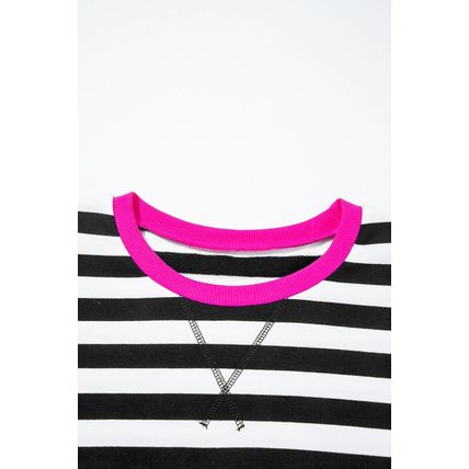 Black Stripe Contrast Ribbed Banding Long Sleeve Blouse Loose Shorts Set